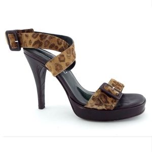 Donald J. Pliner Leopard Calf Hair Buckled Ankle Strap Platform Heel Sandals 7